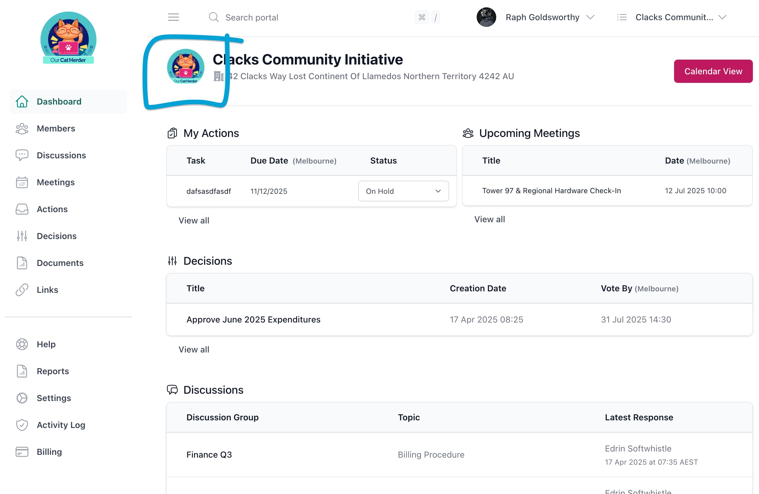 Dashboard Screenshot Highlighting Default Image