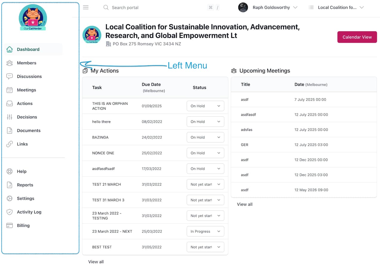 Our Cat Herder Dashboard Left Menu Highlighed