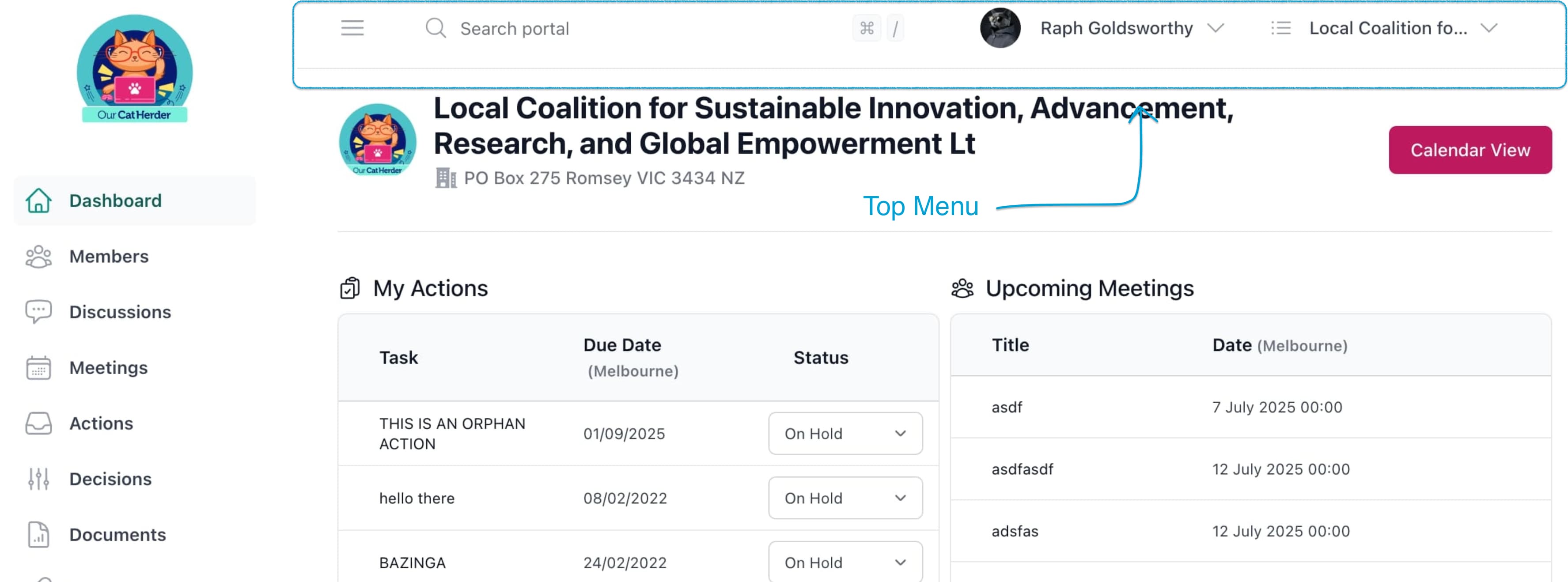 Our Cat Herder Dashboard Top Menu Highlighed
