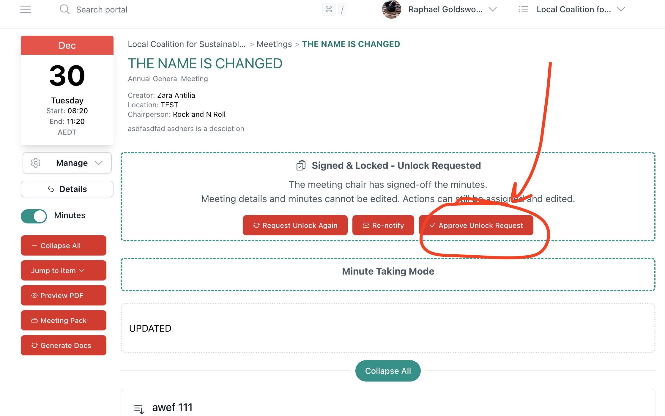 Approve Unlock Request button