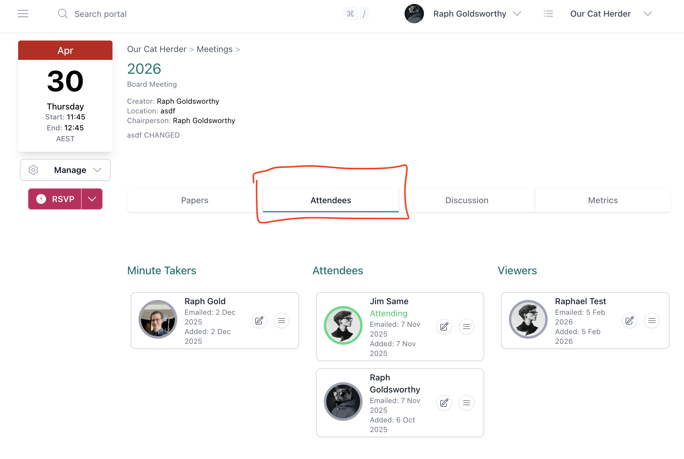 Meeting Details page showing the Attendees tab with Minute Takers, Attendees, and Viewers