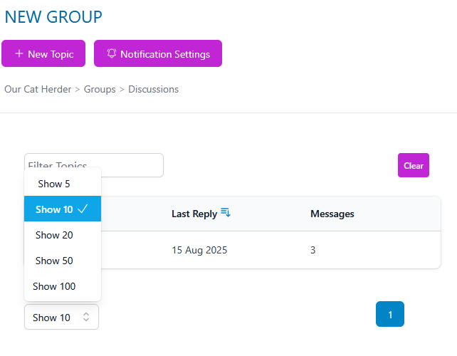 Discussion group page with Filter Topics box and topics per page dropdown