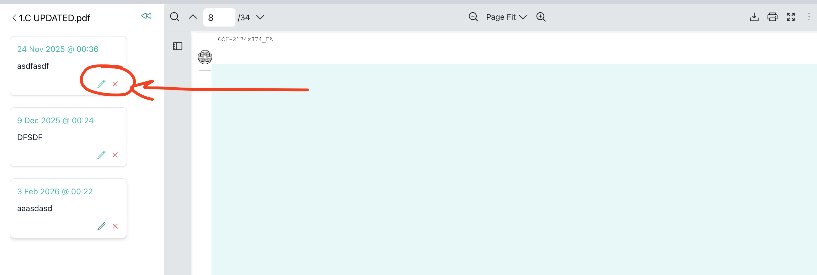 Notes in the meeting pack showing edit and delete icons on each note