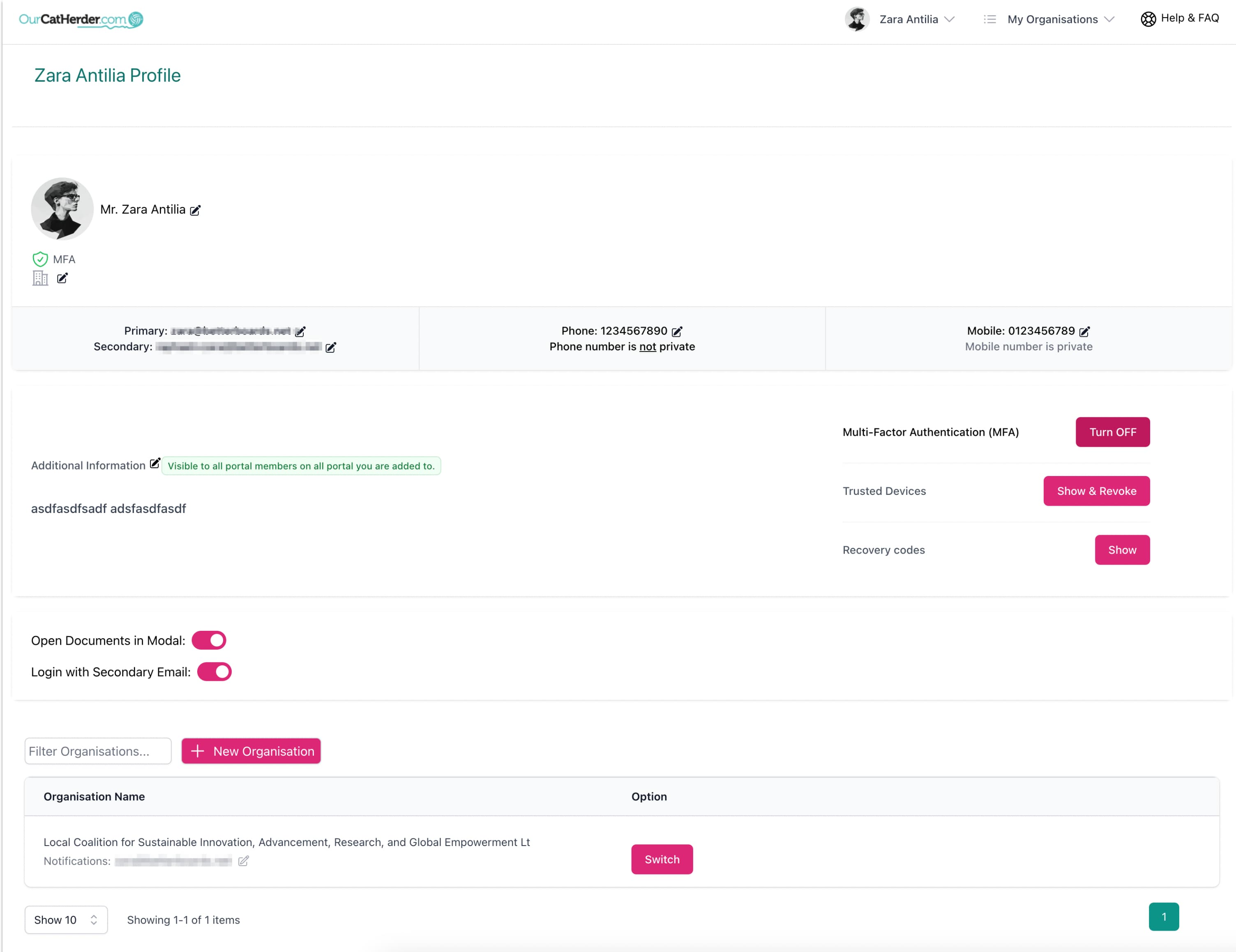 Our Cat Herder Profile/My Details Page