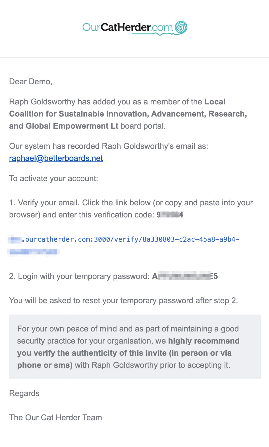 Our Cat Herder Activation Email