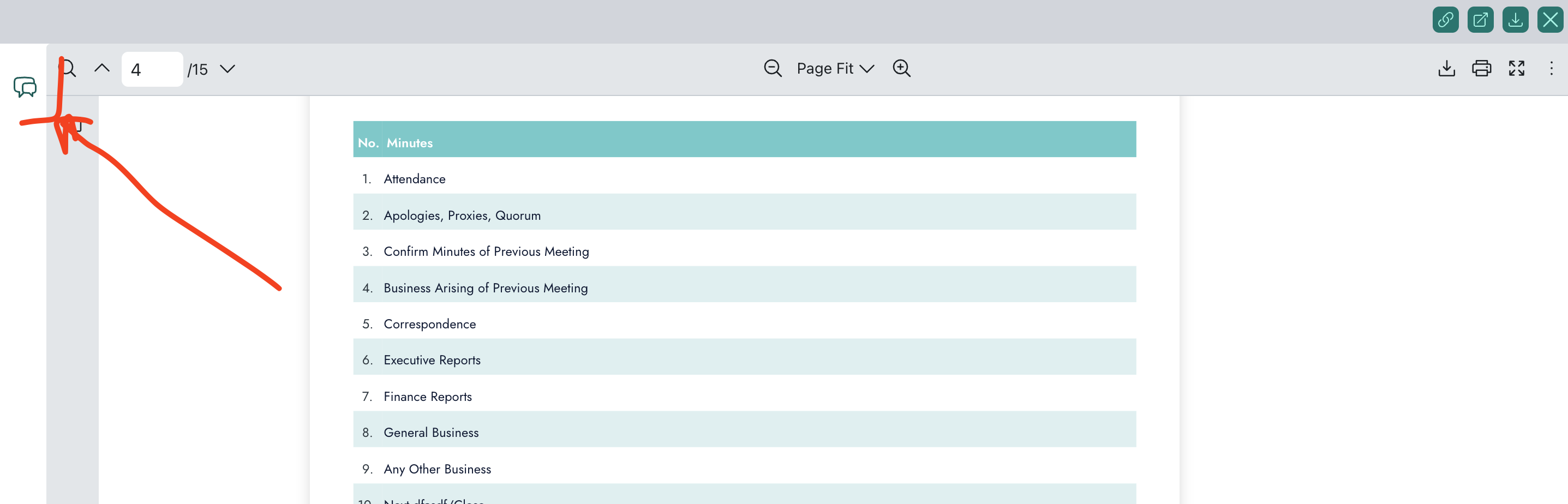 Meeting Pack view showing the speech bubble icon for notes