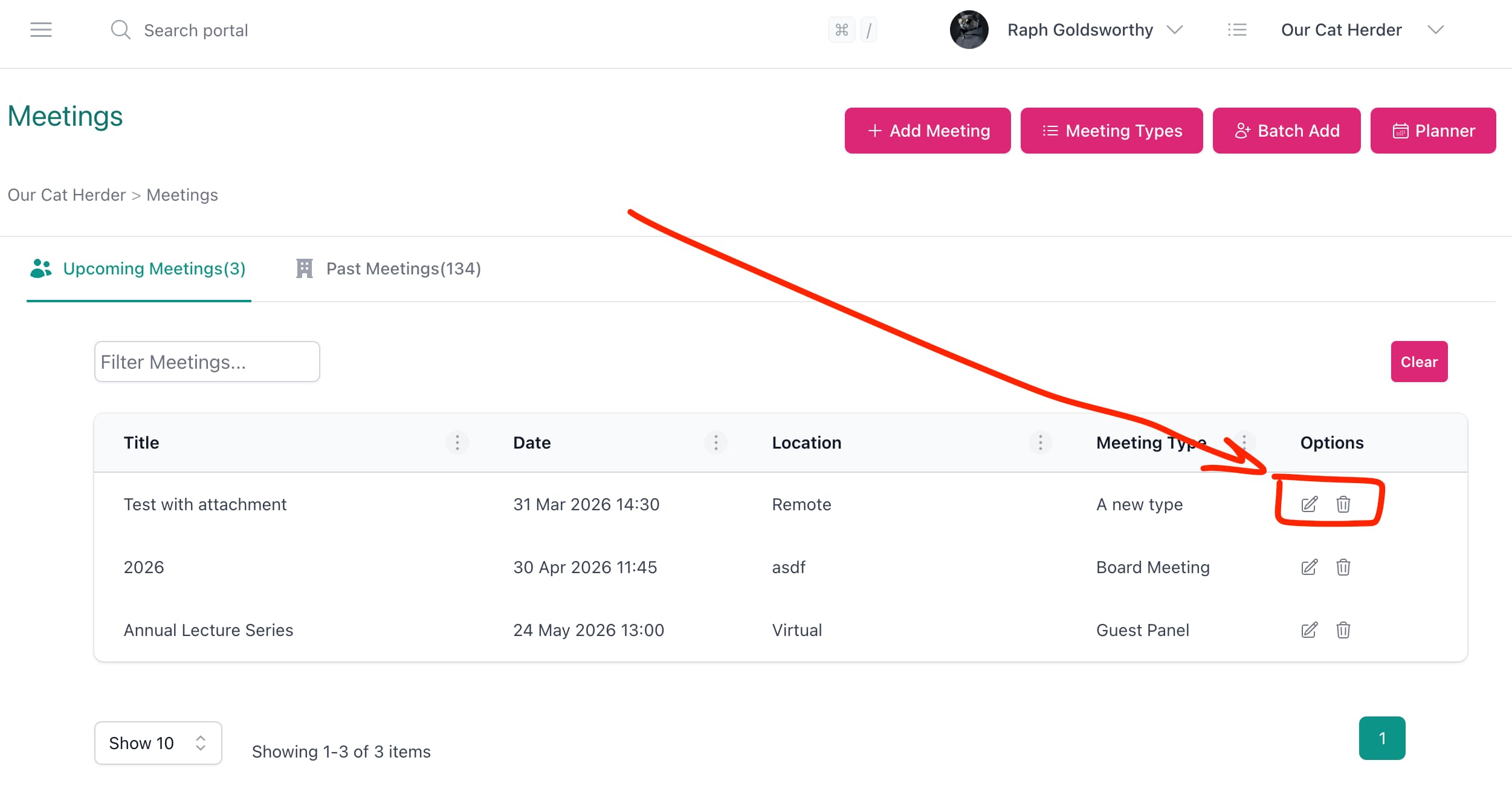 Meetings list showing the edit and delete icons in the Options column