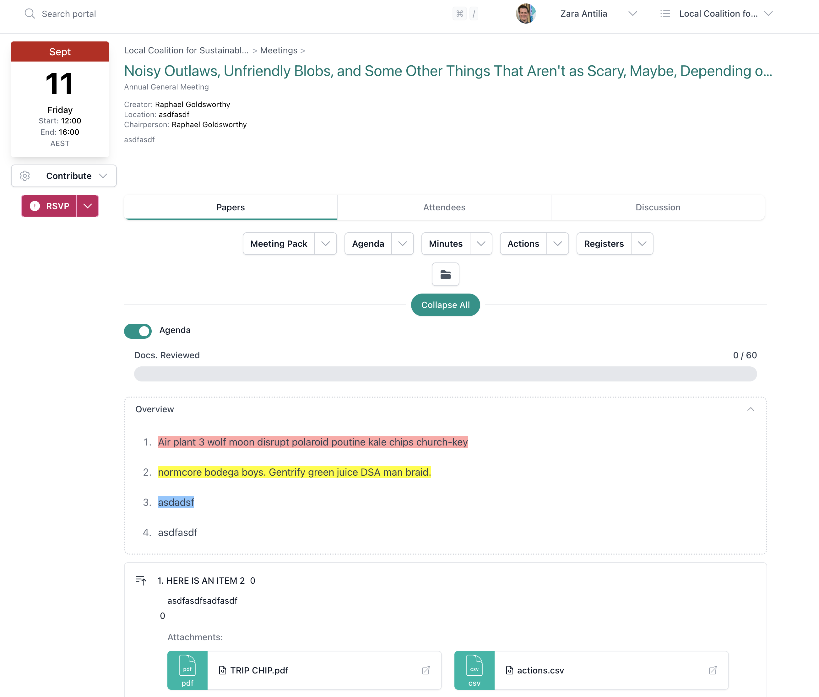 Meeting Details page showing Papers tab with agenda, attachments, and document review progress