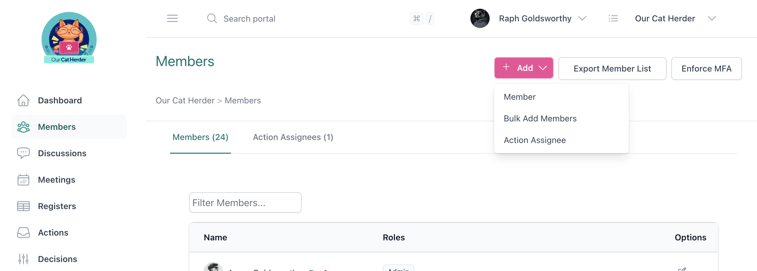 Adding a member from the Members page