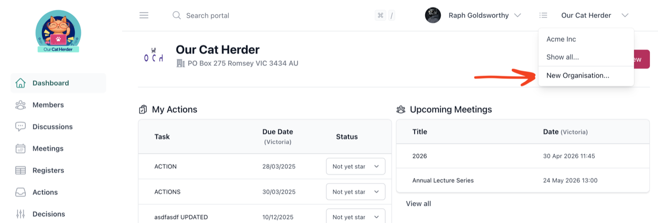 Click your organisation name then select New Organisation from the dropdown