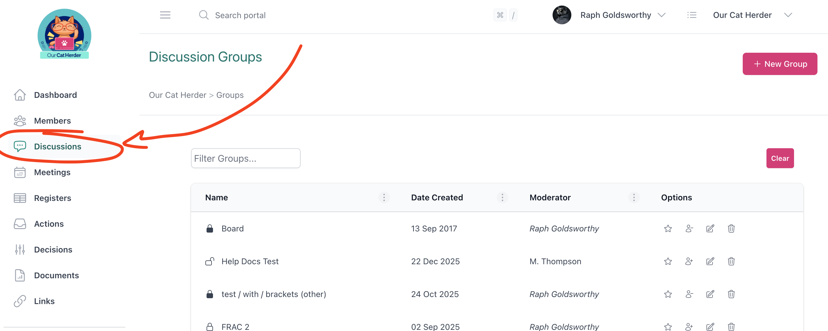 Discussions page showing discussion groups in the left menu