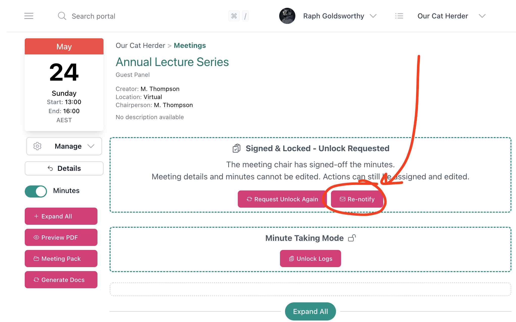 Re-notify button on the meeting page after minutes have been signed off