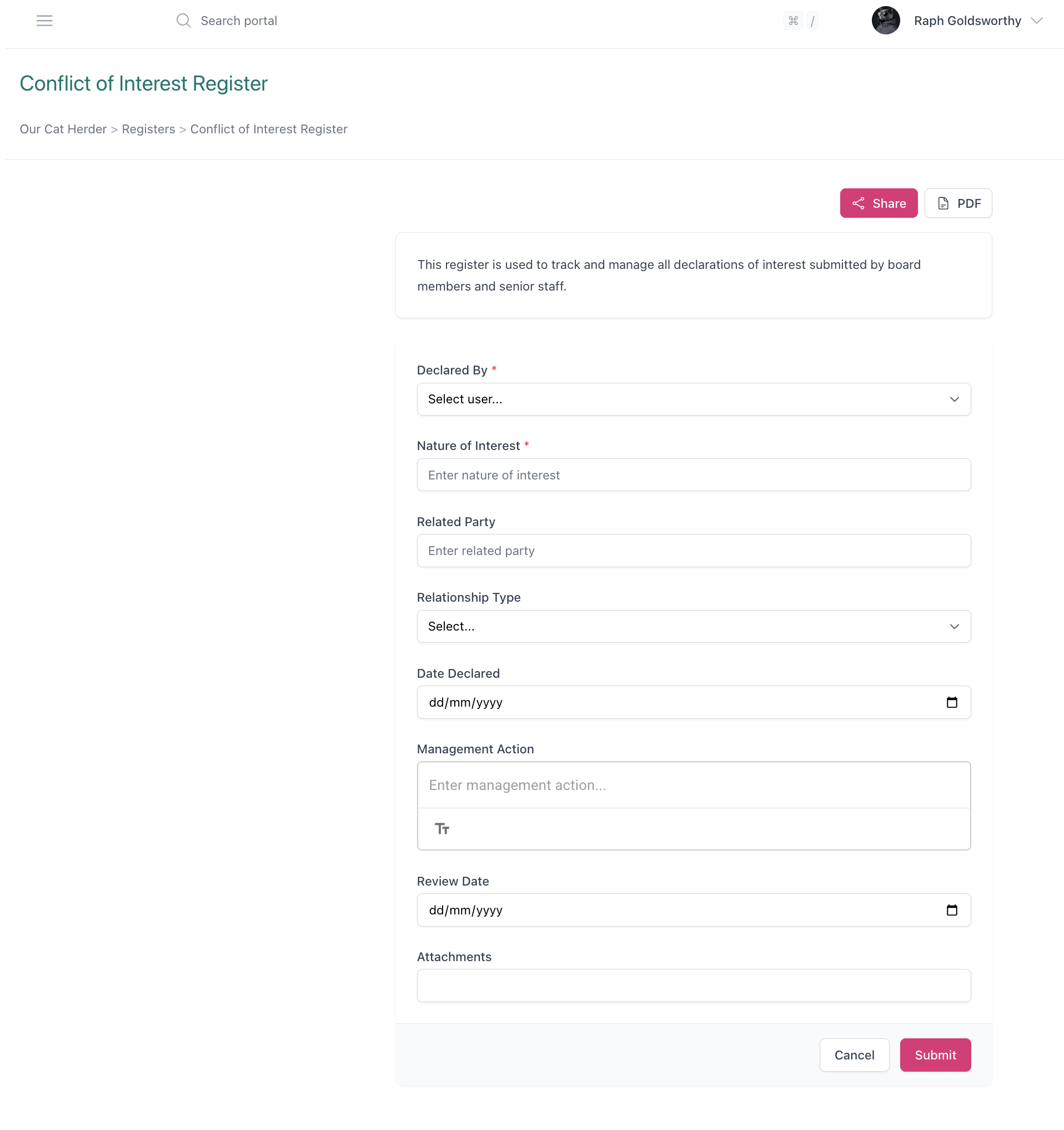 Conflict of Interest Register form showing declaration fields