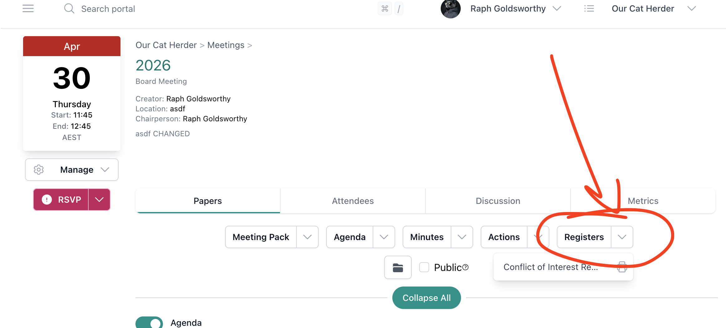 Meeting Details page showing the Registers dropdown with a register listed