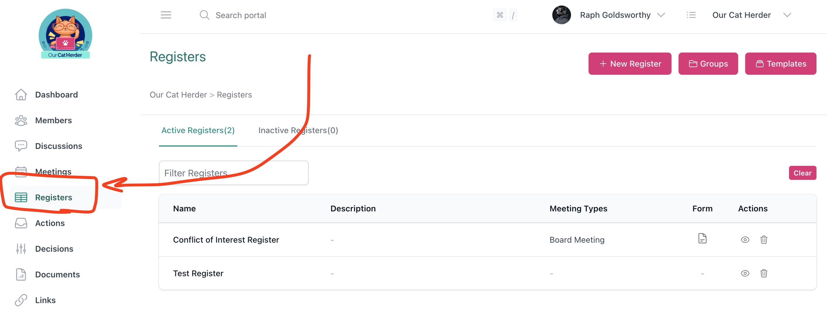 Registers page showing Registers in the left menu, active registers list with filter
