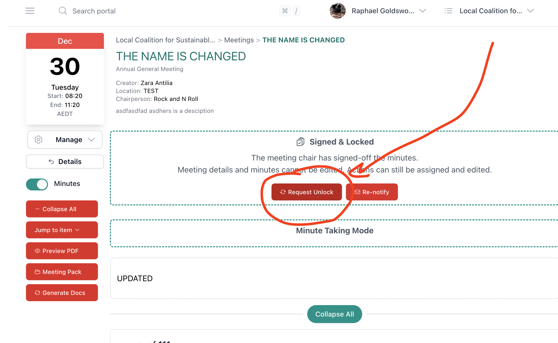 Request Unlock button on signed-off minutes
