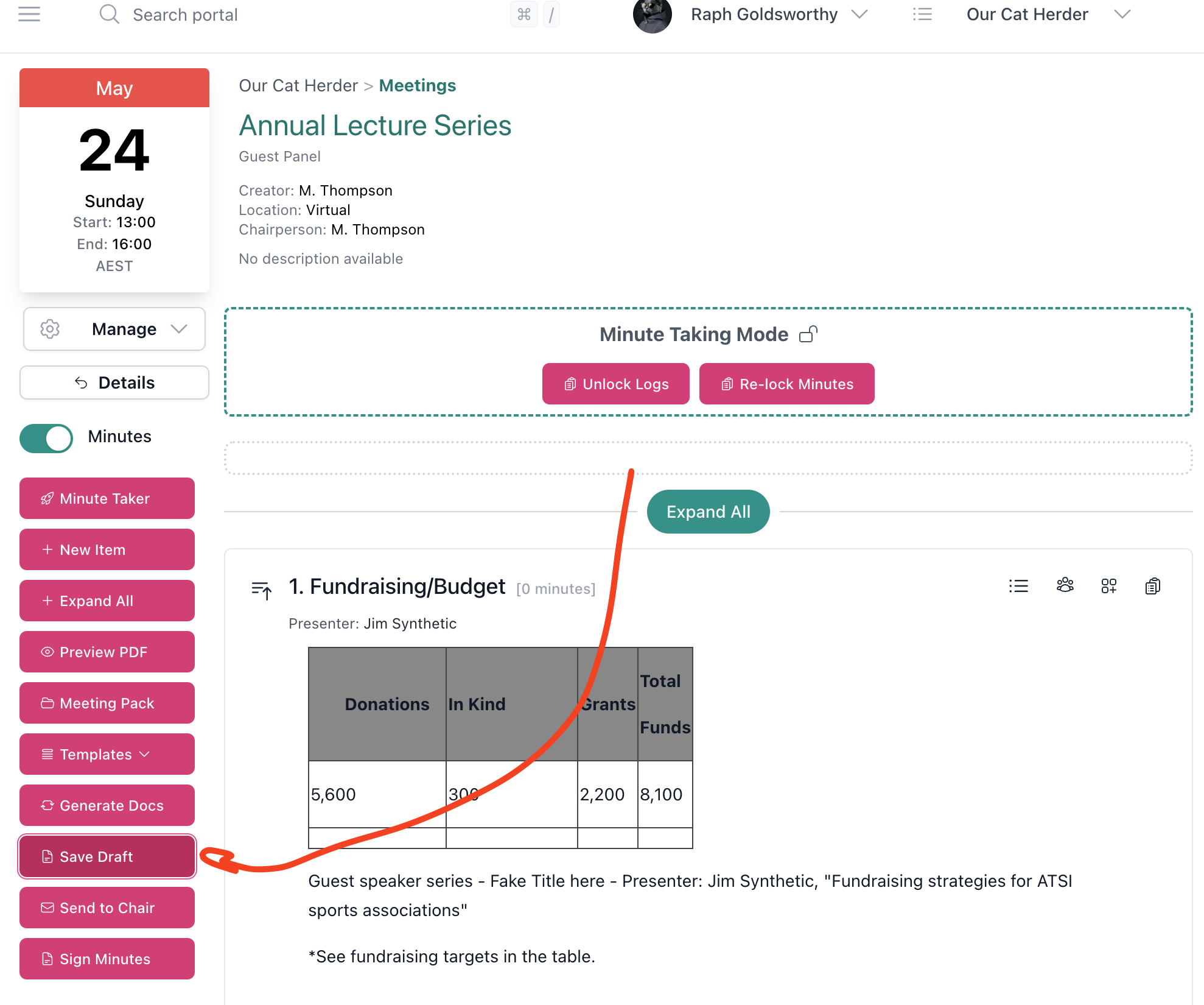 Save Draft button in the minute taker sidebar