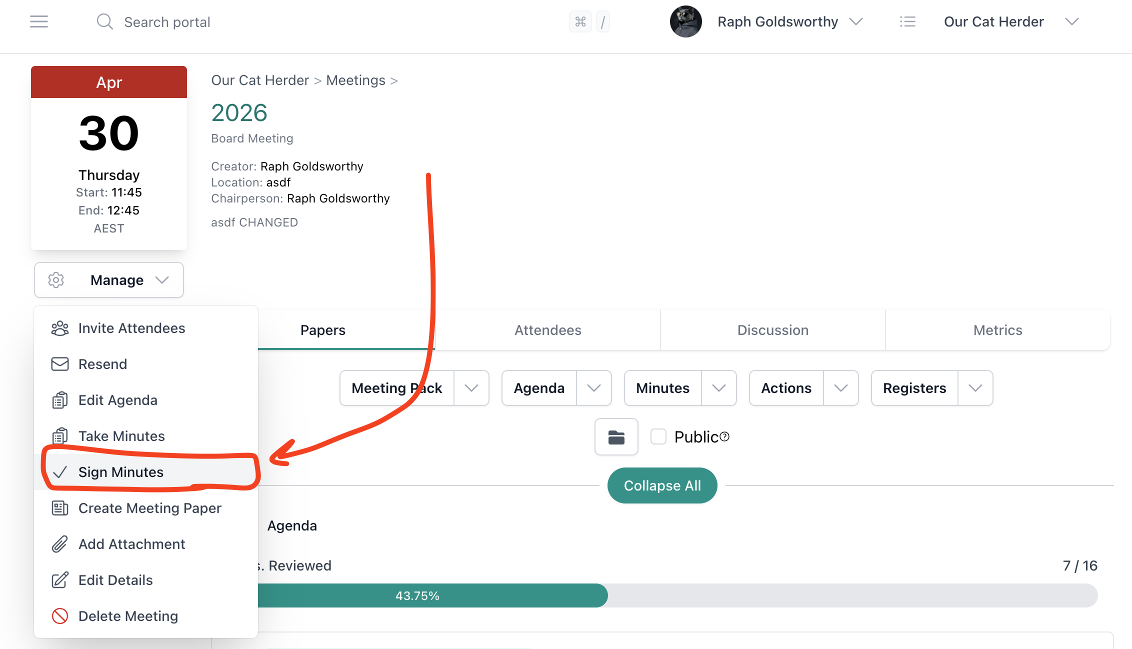Meeting Details page showing the Manage dropdown with Sign Minutes highlighted