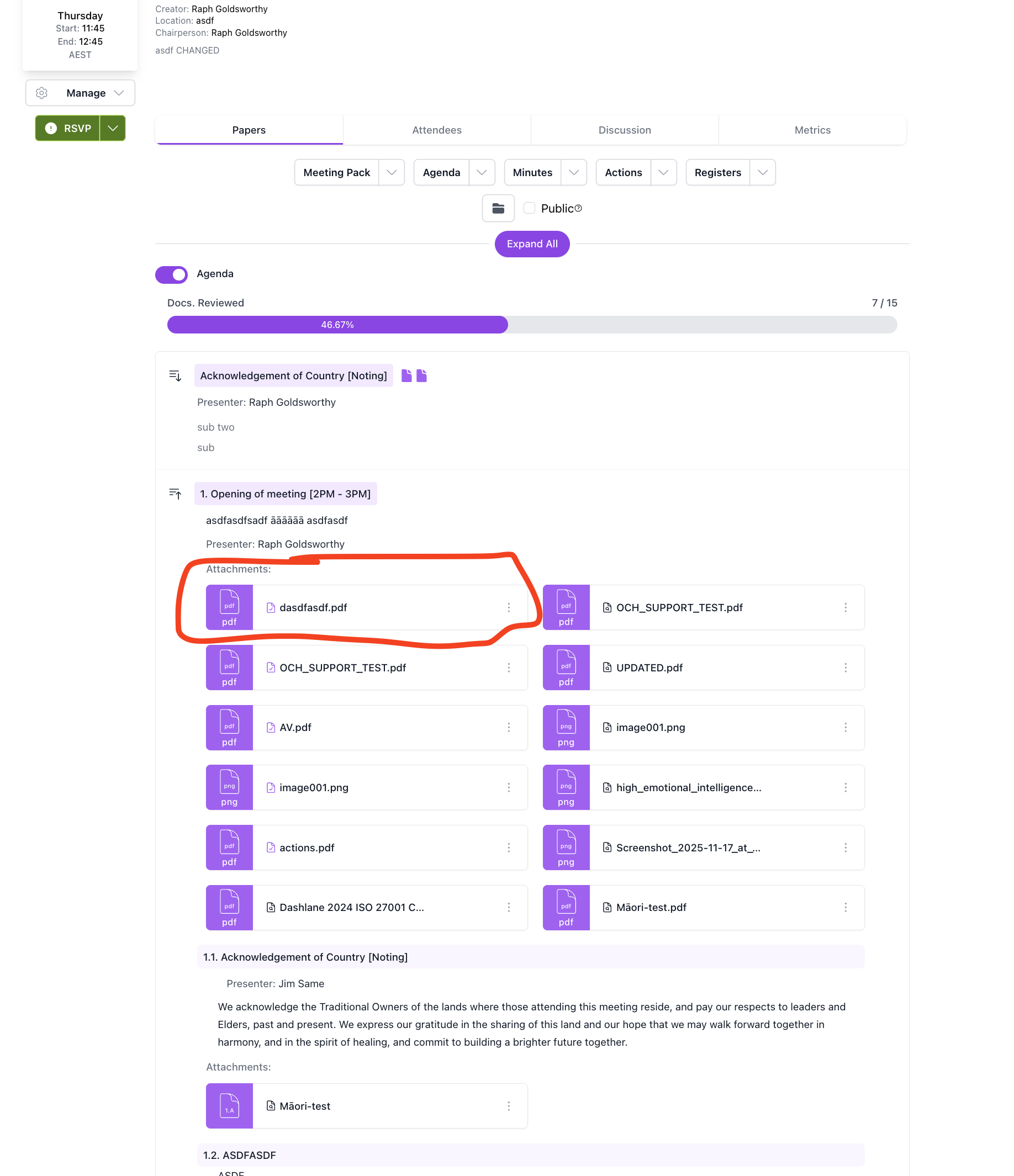 Meeting Details page showing the expanded agenda with attachments highlighted under an agenda item