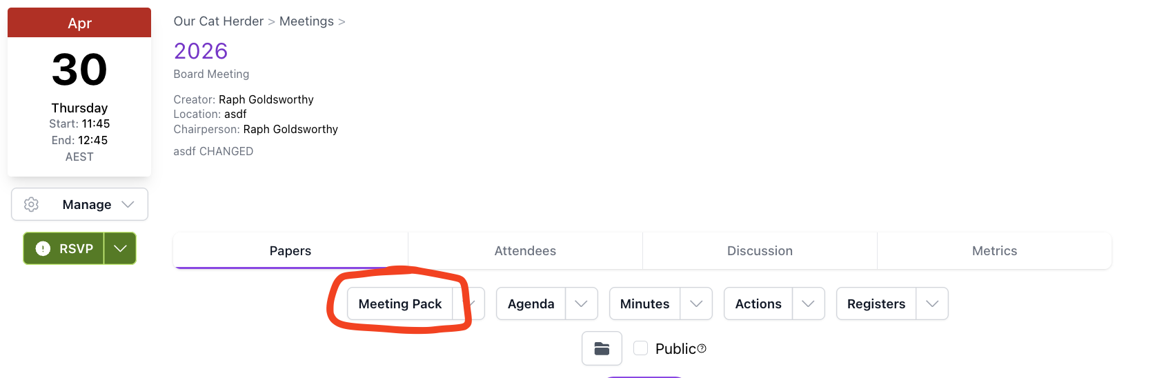Meeting Details page showing the Meeting Pack button highlighted