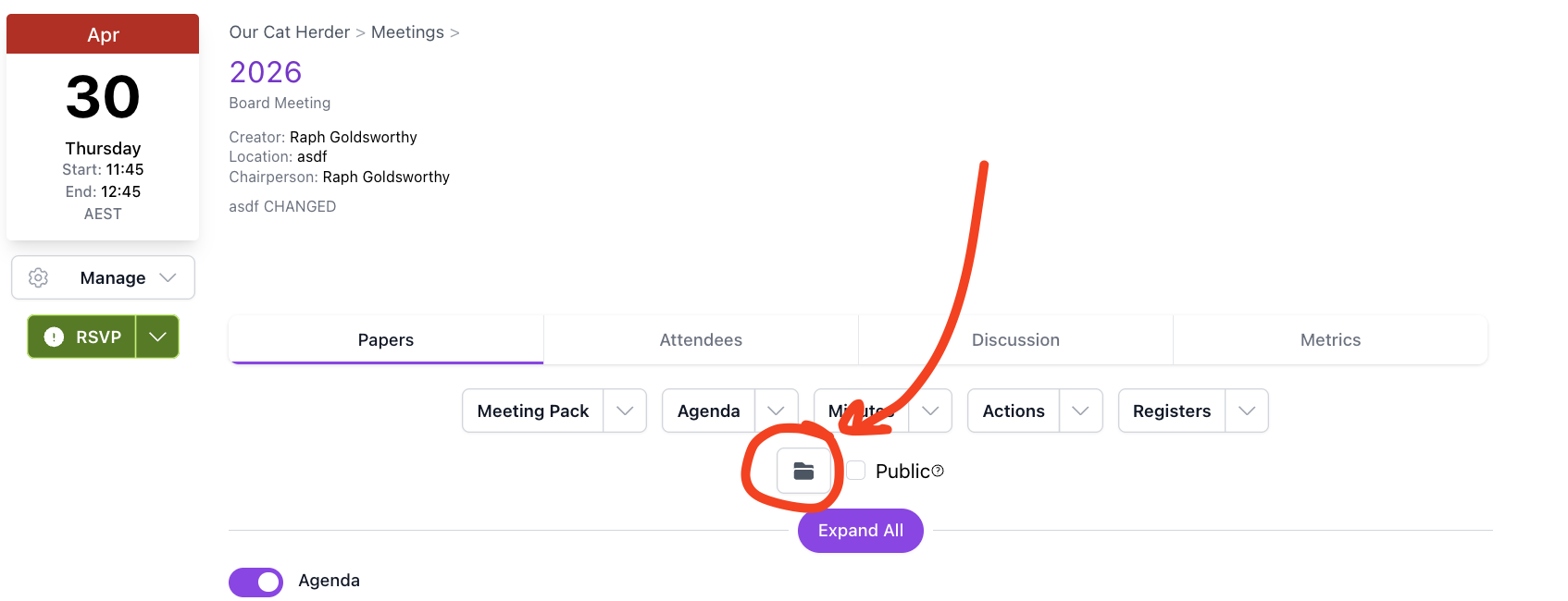 Meeting Details page showing the folder icon highlighted