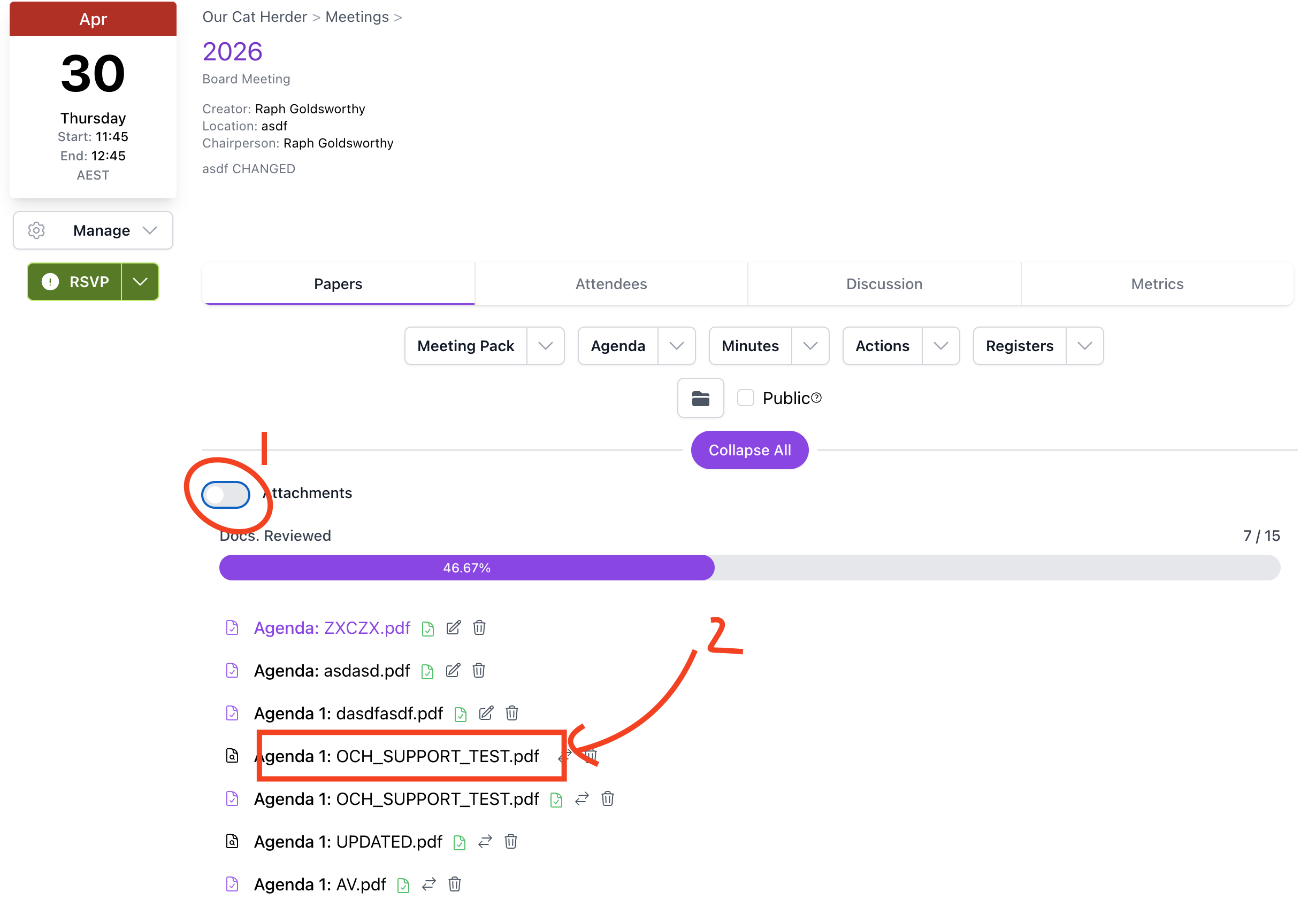 Papers tab showing the Attachments toggle and flat document list with a document highlighted